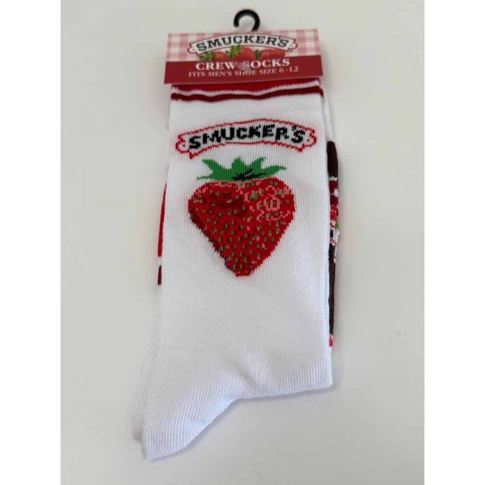Smuckers Strawberry Jam Crew Socks Mens Shoe Size 6-12 White Red Odd Sox Novelty